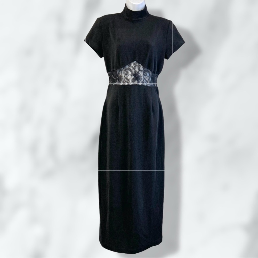 Bari-Jay Women’s Black Lace Midsection High Neck Maxi Dress / Size 11/12